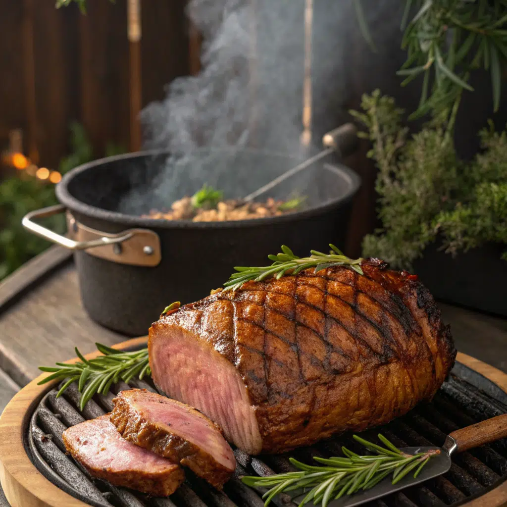 Grilled roast beef on the grill with crispy crust