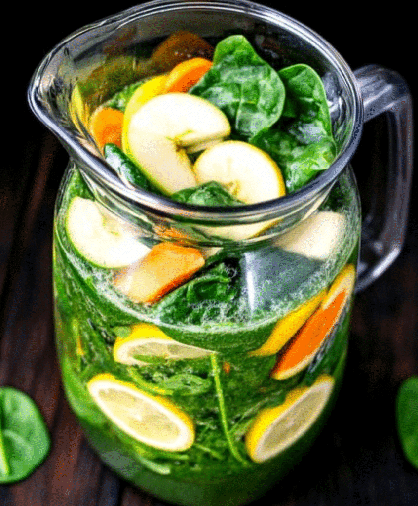 Carrot Spinach Juice Recipe: A Nutritious Boost to Your Day 5 Fresh ingredients for carrot spinach juice including carrots, spinach, an apple, and lemon.