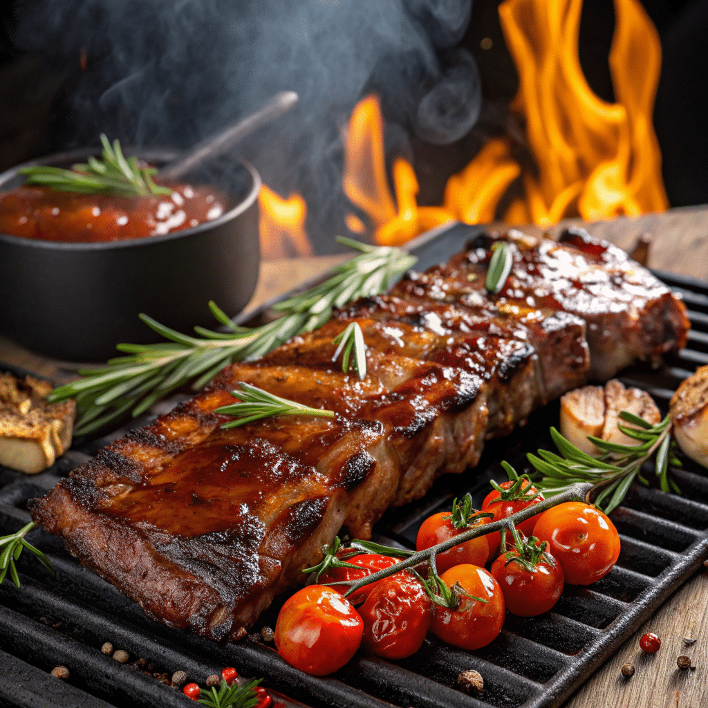 Grilled beef ribs on the grill with smoky flames and barbecue sauce.