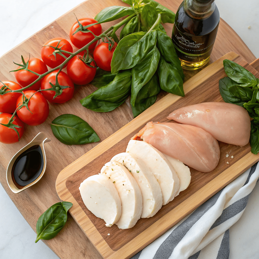 Grilled Chicken Margherita Olive Garden: A Deliciously Healthy Twist on a Classic Dish 3 Ingredients for grilled chicken Margherita including chicken, mozzarella, basil, and tomatoes.