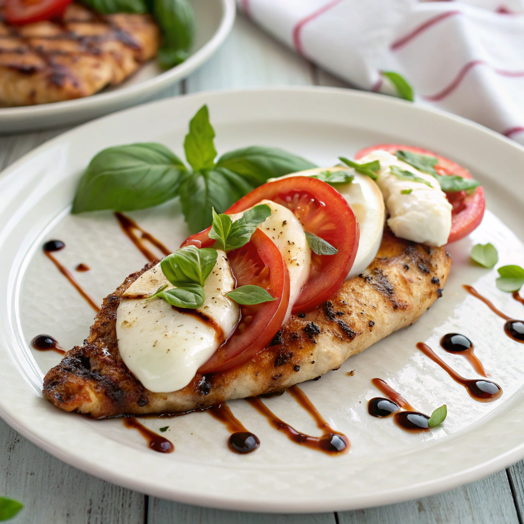 Grilled chicken Margherita Olive Garden with mozzarella, basil, and tomato slices.