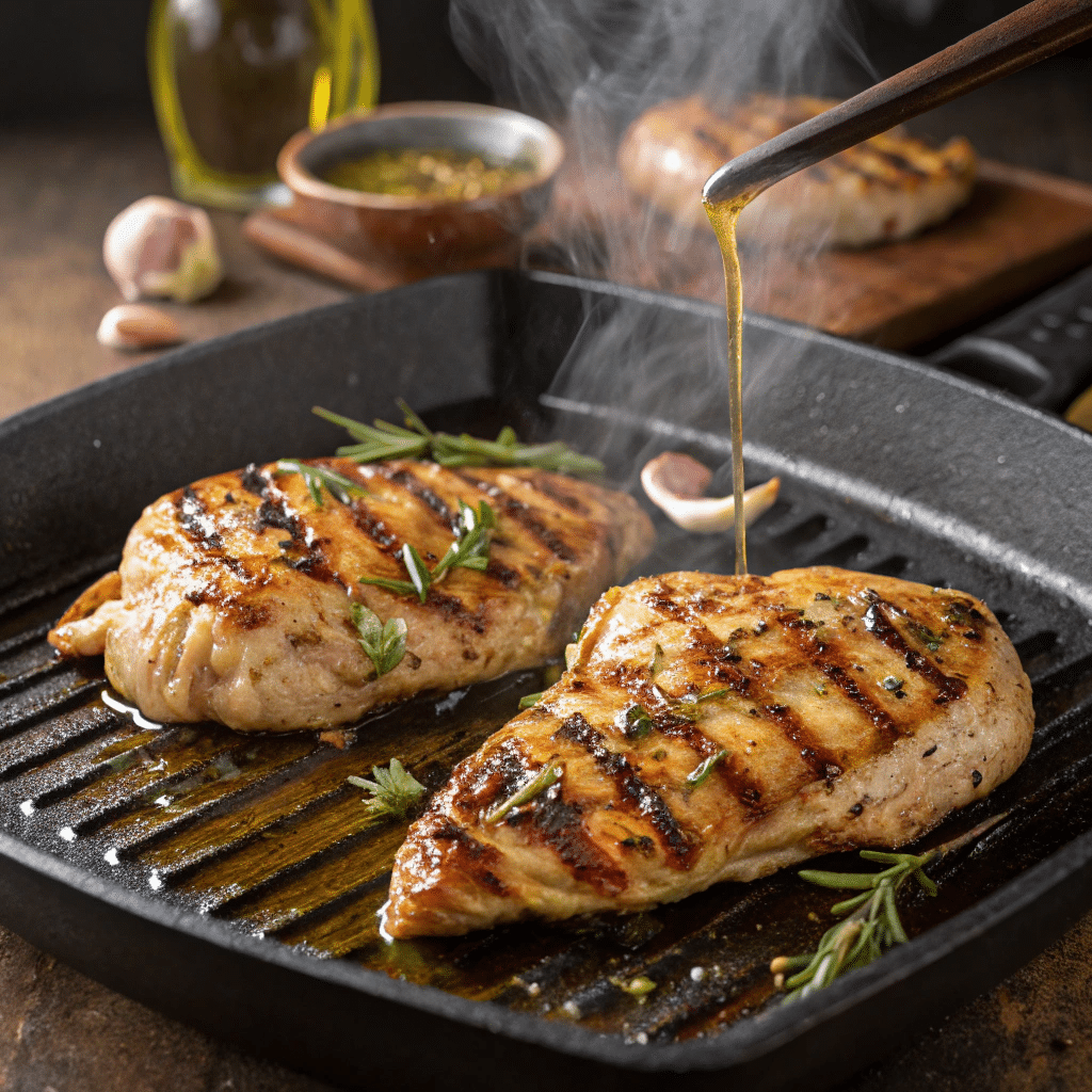 Grilled Chicken Margherita Olive Garden: A Deliciously Healthy Twist on a Classic Dish 4 Grilling chicken breasts on a pan with grill marks.