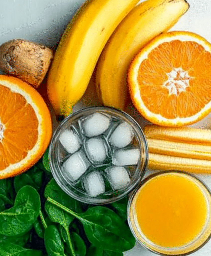Smoothie Recipes Using Orange Juice: Refreshing & Healthy Drink Ideas 6 Ingredients for smoothie with orange juice, banana, and spinach