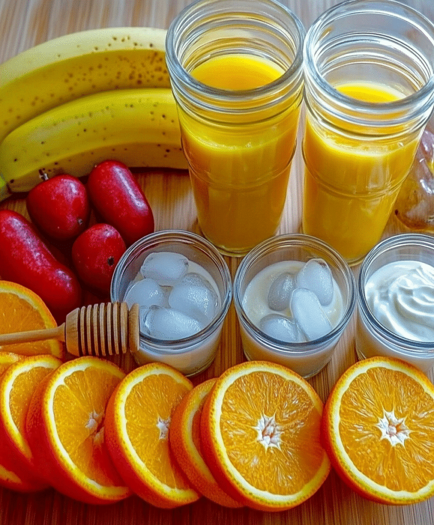 Orange Juice in Smoothie: A Refreshing Twist for Your Healthy Drinks 5 Ingredients for orange juice smoothie: oranges, banana, Greek yogurt, honey, and ice cubes.