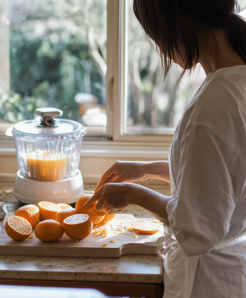 Orange Juice with Pulp: Health Benefits and Why It's Worth It 6 Slicing fresh oranges on a cutting board to make orange juice with pulp.