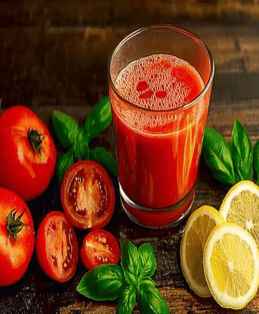 Fresh tomato juice recipe with vine tomatoes and basil