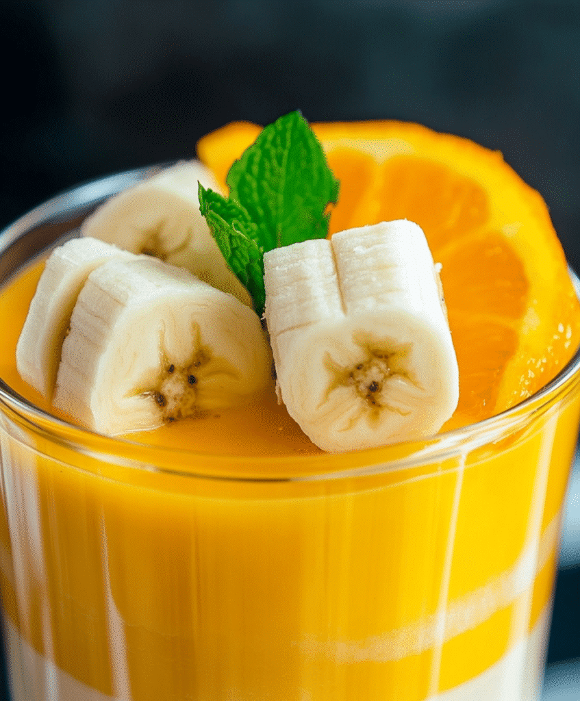 Orange Juice in Smoothie with banana and fresh orange slices