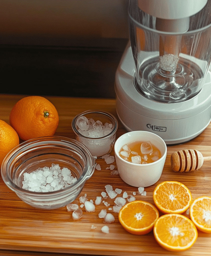 Orange Juice with Pulp: Health Benefits and Why It's Worth It 5 Ingredients for making orange juice with pulp, including fresh oranges, honey, and a juicer.