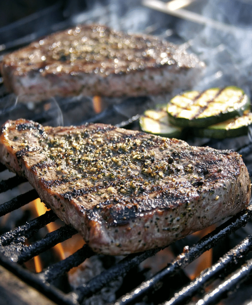 Grilled Beef Galbi on a sizzling grill with smoky char