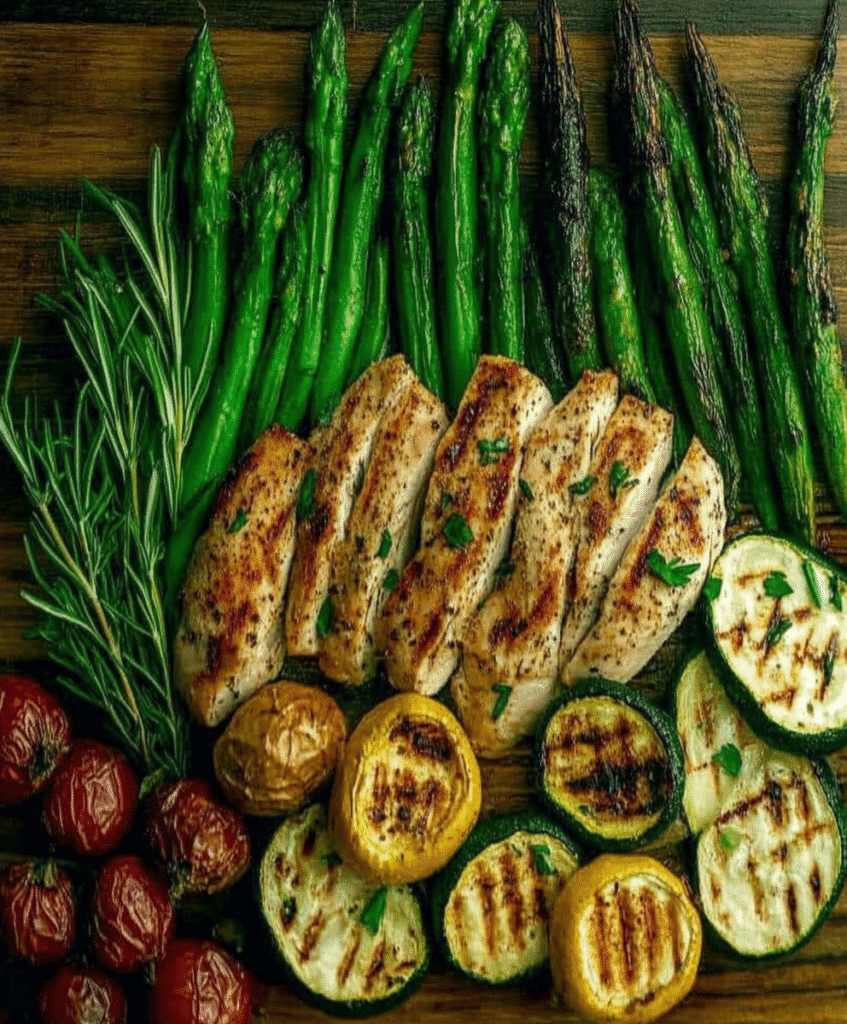 Grilled chicken platter with roasted vegetables and grilled zucchini boats.