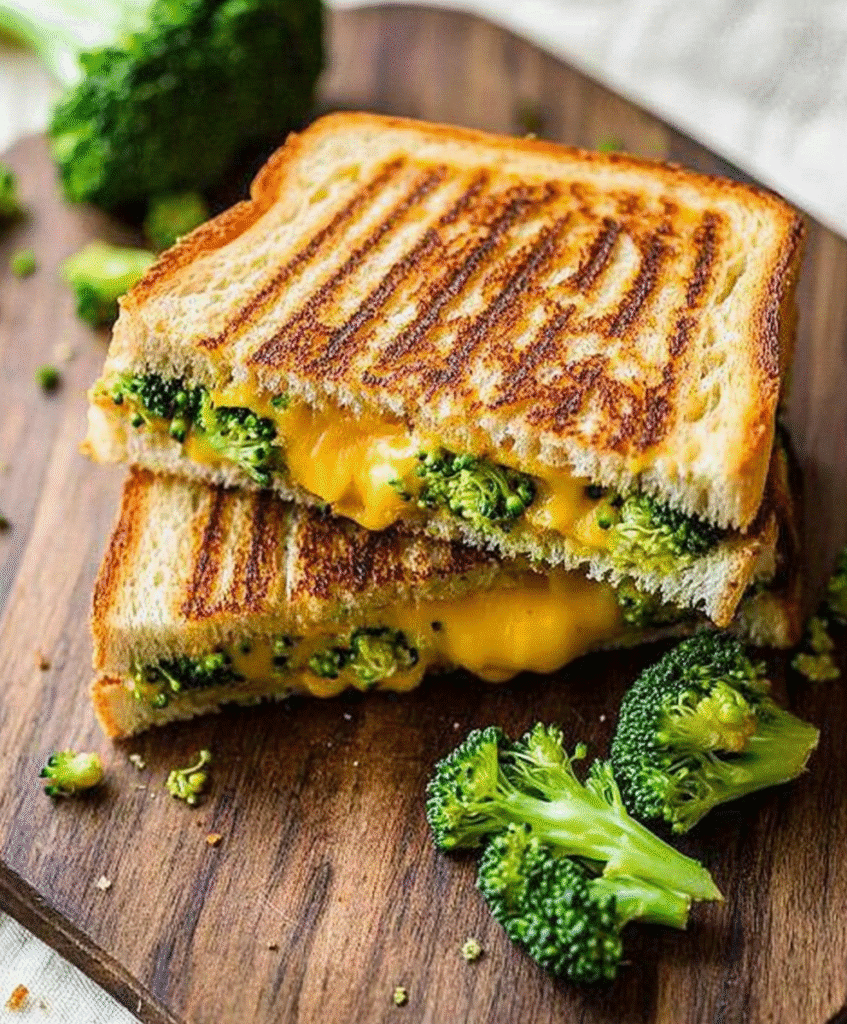 Broccoli Cheddar Grilled Cheese Sandwich with melted cheese and fresh broccoli