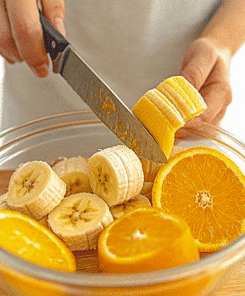 Orange Juice in Smoothie: A Refreshing Twist for Your Healthy Drinks 6 Slicing banana and peeling oranges for orange juice smoothie.