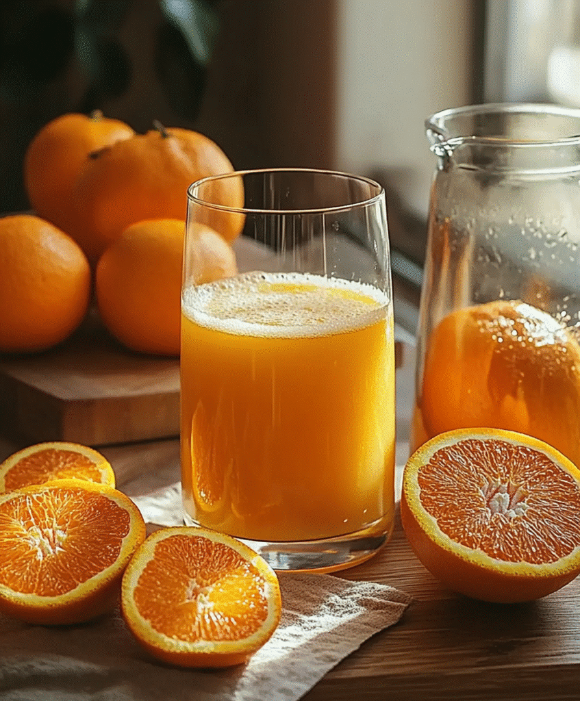 Orange juice with pulp surrounded by fresh oranges and slices.