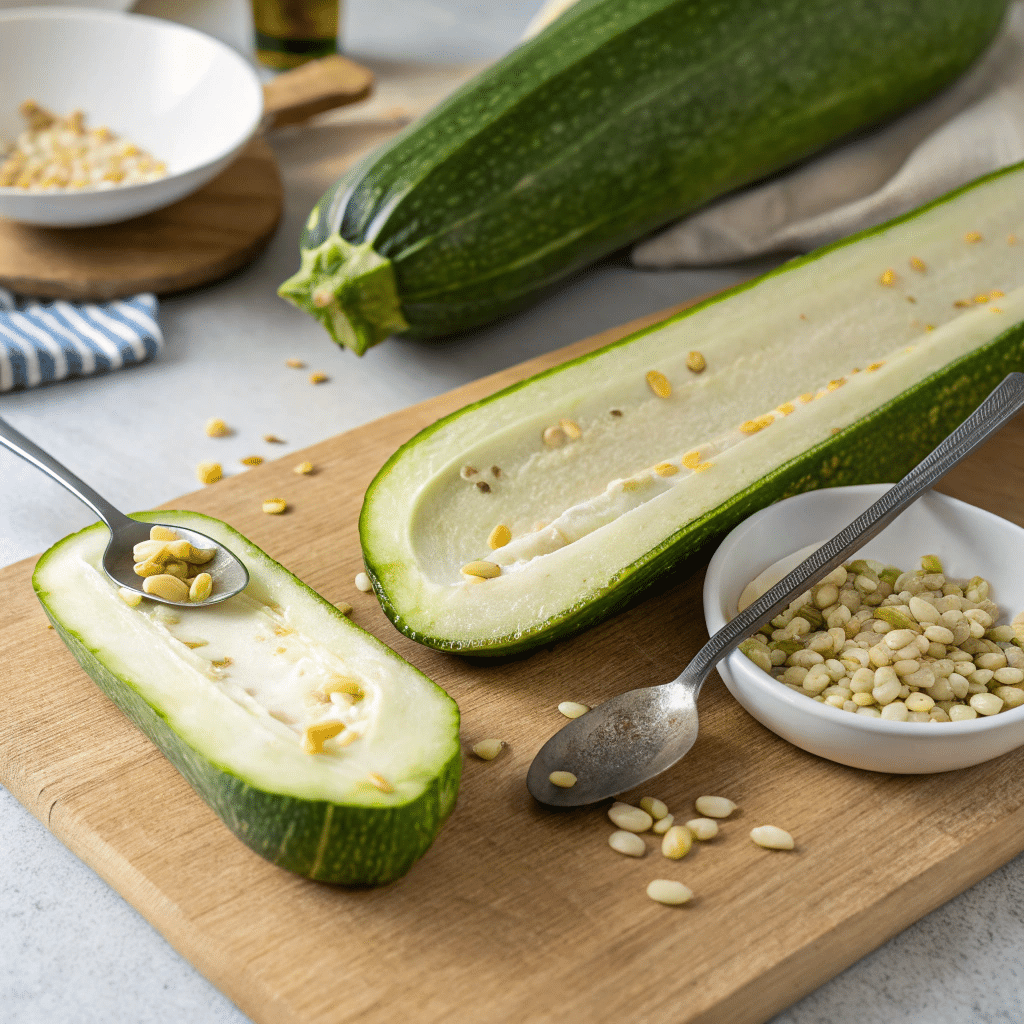Grilled Zucchini Boats: A Flavorful Twist on a Classic 6 Zucchini being sliced in half lengthwise to prepare for grilling.