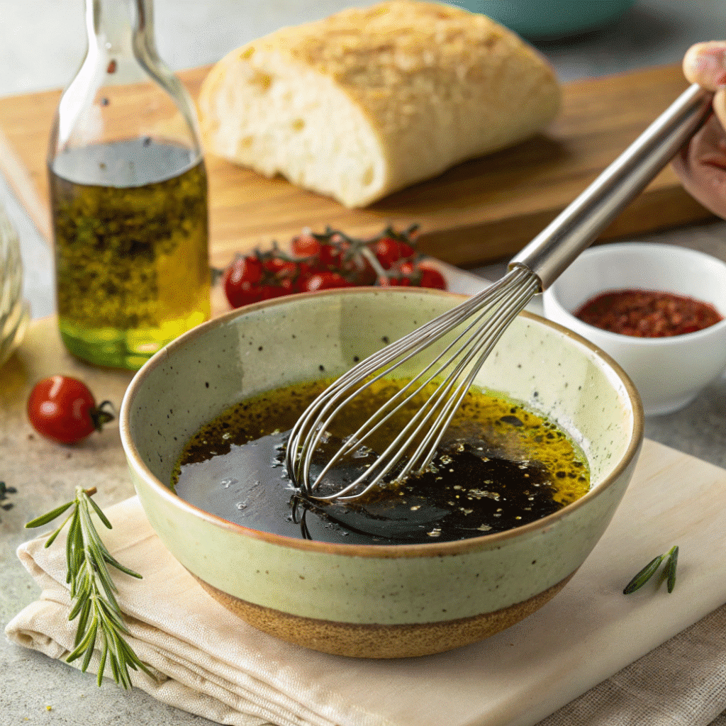 Carrabbas Bread Dipping Oil Recipe 3 Whisking olive oil and balsamic vinegar for Carrabba’s bread dipping oil