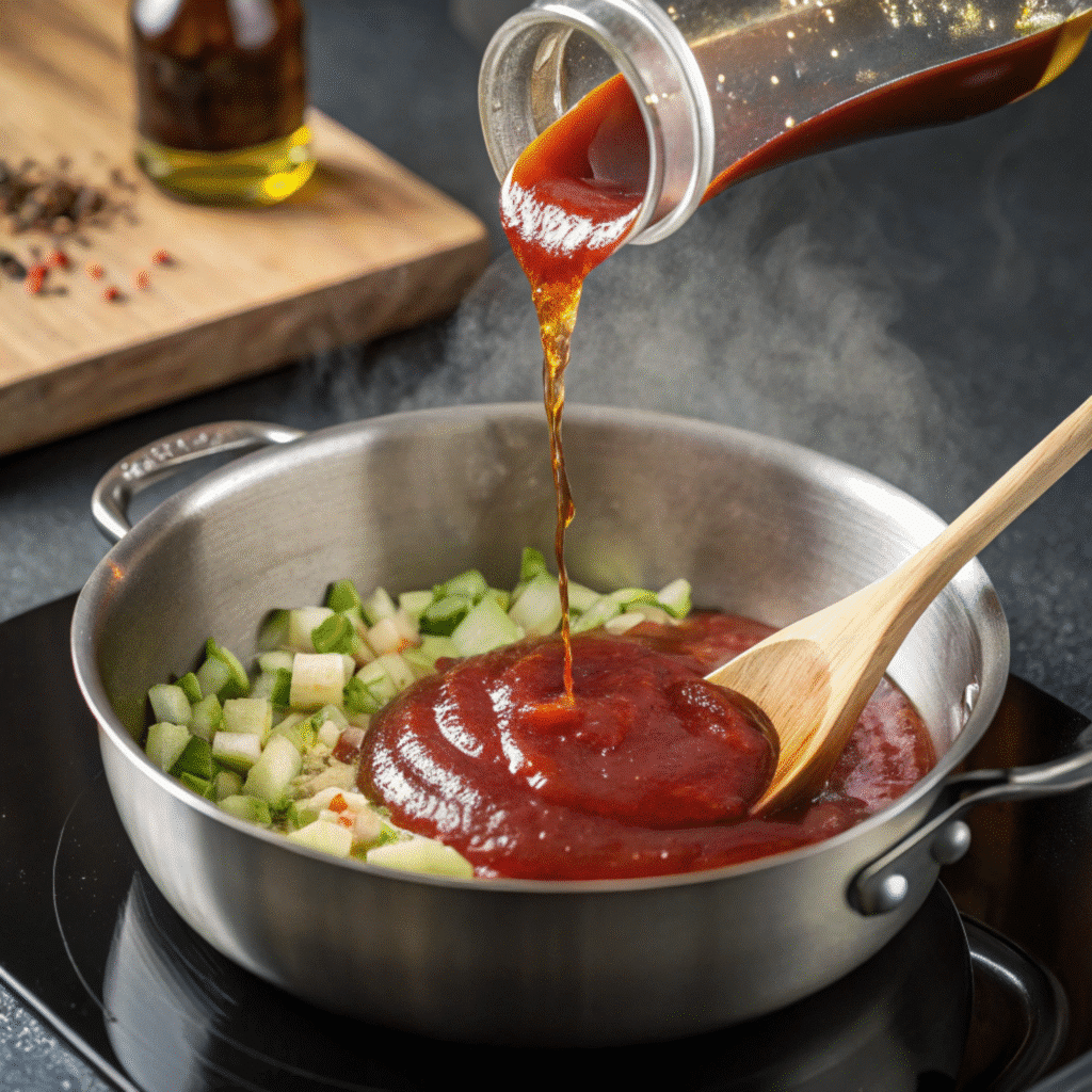 Wendy’s Barbecue Sauce Recipe 3 Mixing ketchup, vinegar, and Worcestershire sauce in a saucepan for BBQ sauce