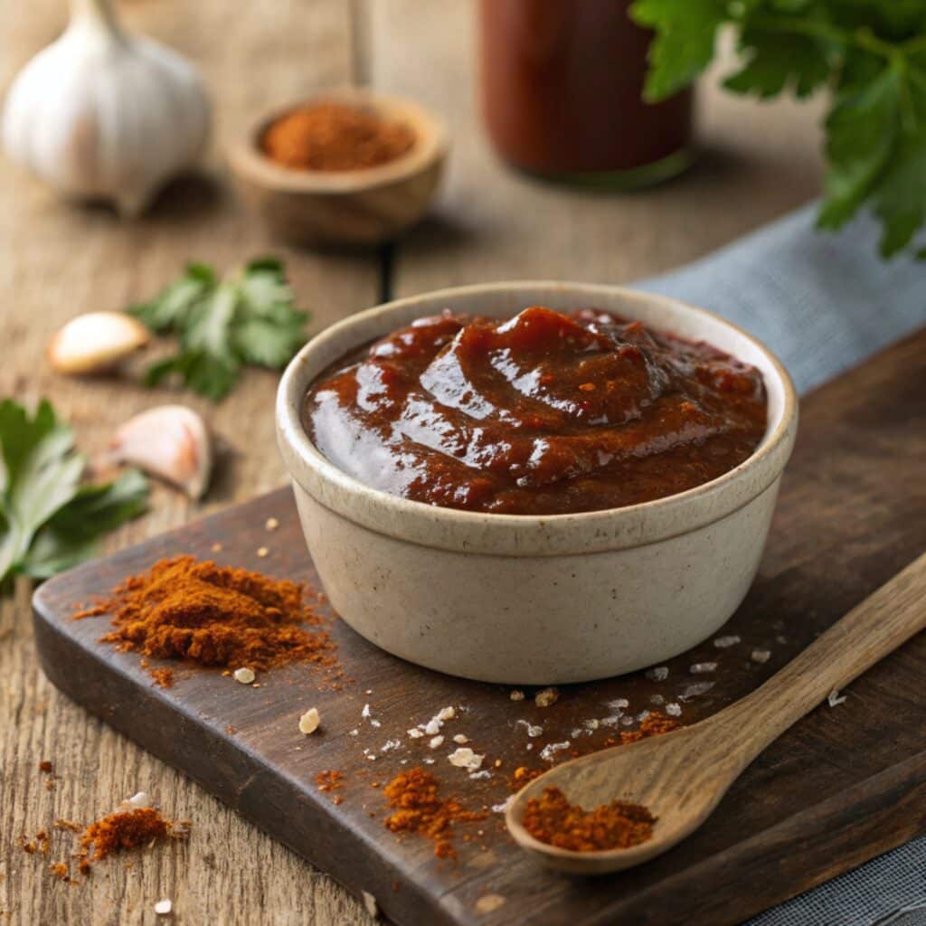 Close-up of Wendy’s Barbecue Sauce Recipe in a bowl with spices around it