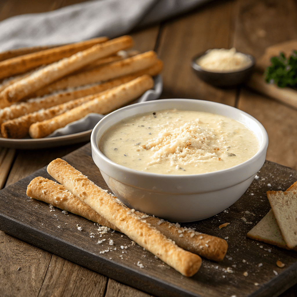 Olive Garden Alfredo Dipping Sauce Recipe (Easy & Creamy Copycat) 1 Olive Garden Alfredo dipping sauce recipe with breadsticks, creamy and inviting