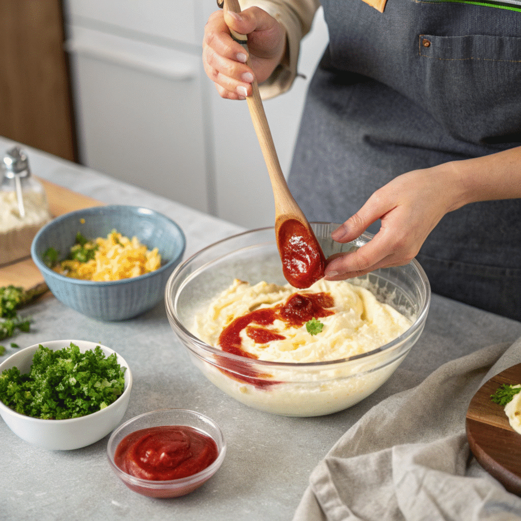 Sonic Signature Sauce Recipe 3 Mixing mayo and ketchup to make Sonic Signature Sauce base.