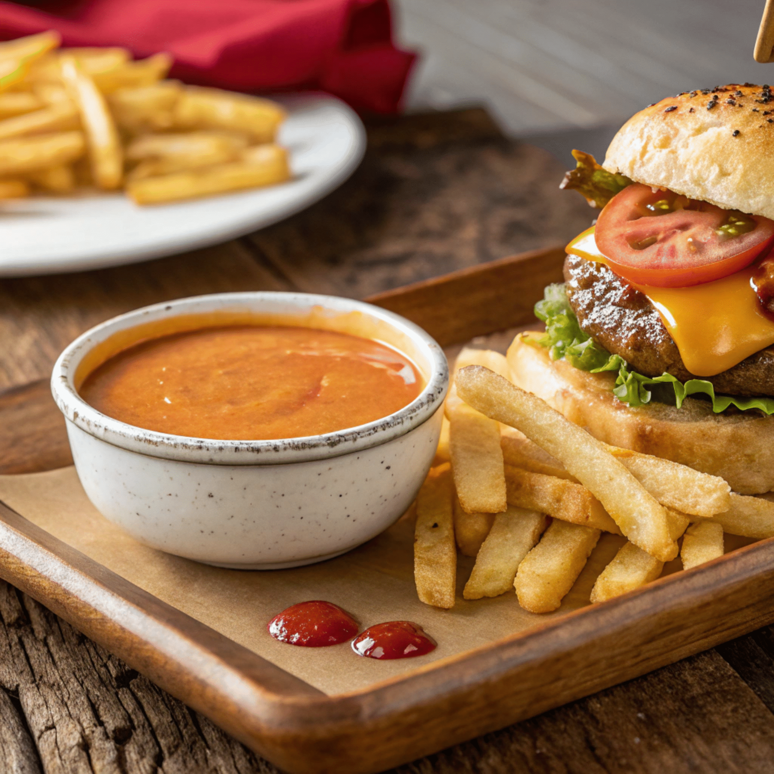 Sonic Signature Sauce Recipe 1 Sonic Signature Sauce served with fries and a burger – homemade recipe.