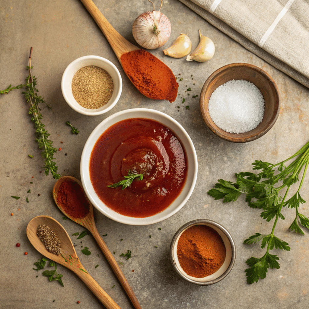 Wendy’s Barbecue Sauce Recipe 2 Ingredients for Wendy’s BBQ sauce recipe on a wooden countertop