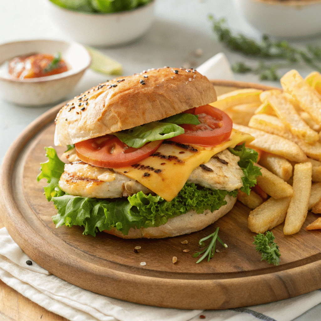 applebee's grilled chicken sandwich on a wooden plate with fries.