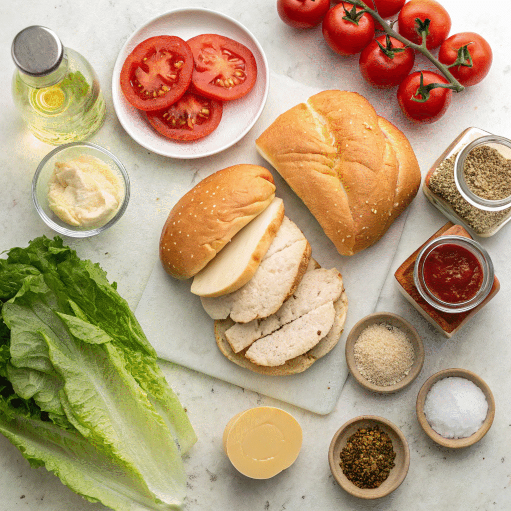 Applebee’s Grilled Chicken Sandwich Recipe (Copycat) 5 Ingredients for a homemade Applebee's Grilled Chicken Sandwich laid out on a kitchen counter.