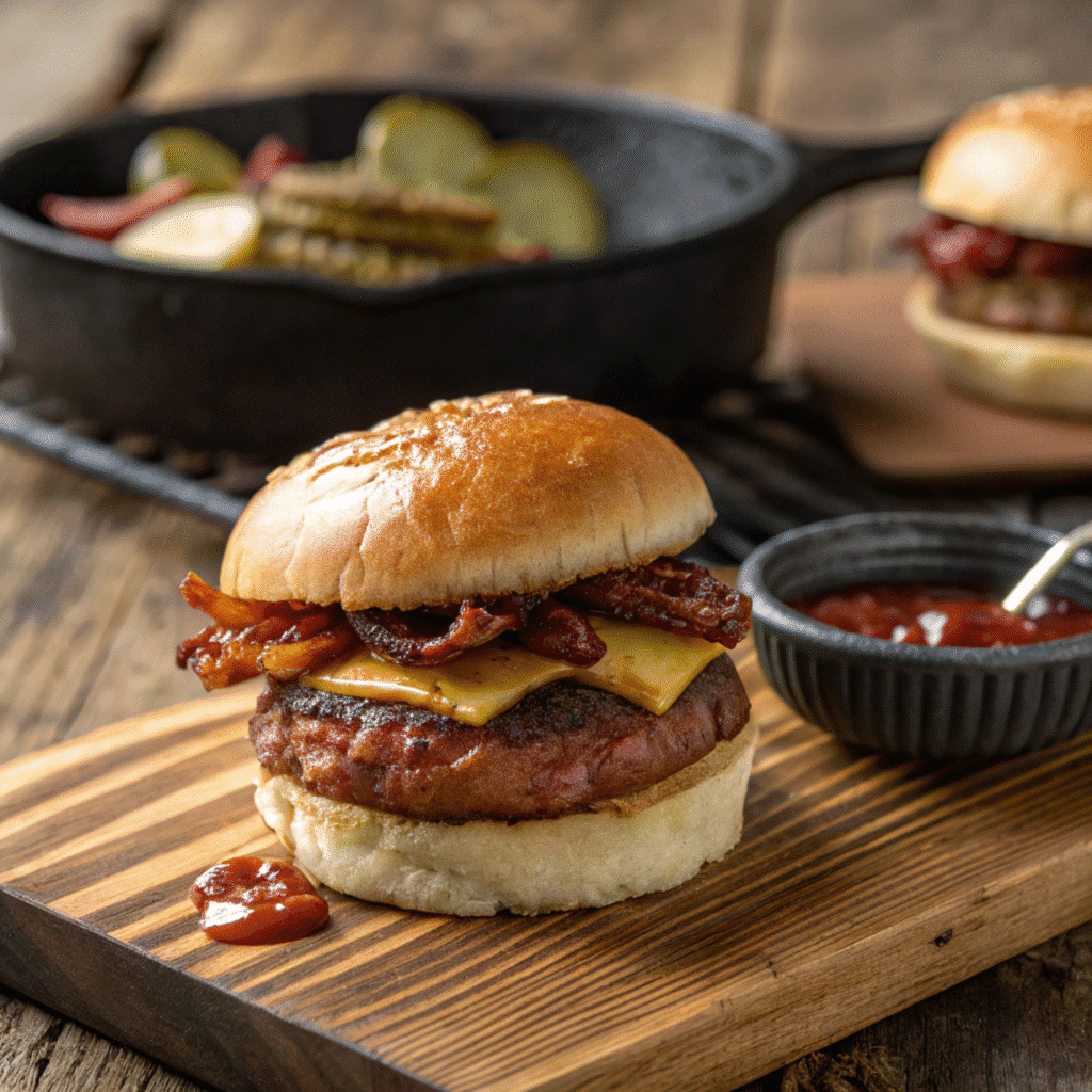 Blackstone Goetta Bacon Slider with crispy bacon and goetta patty