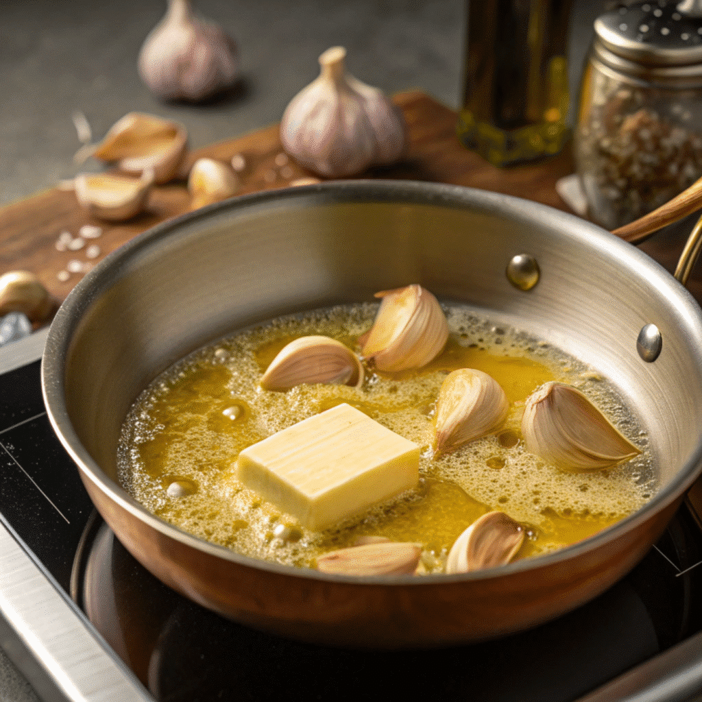 Olive Garden Alfredo Dipping Sauce Recipe (Easy & Creamy Copycat) 3 Melted butter and garlic being sautéed in a saucepan