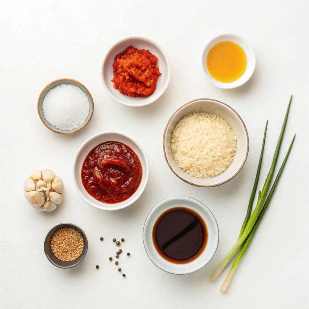 Easy Yangnyeom Sauce Recipe 2 Ingredients for easy yangnyeom sauce recipe laid out in bowls