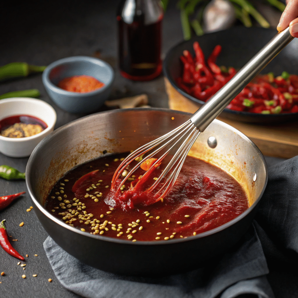 Easy Yangnyeom Sauce Recipe 3 Gochujang, ketchup, and soy sauce being whisked for yangnyeom sauce
