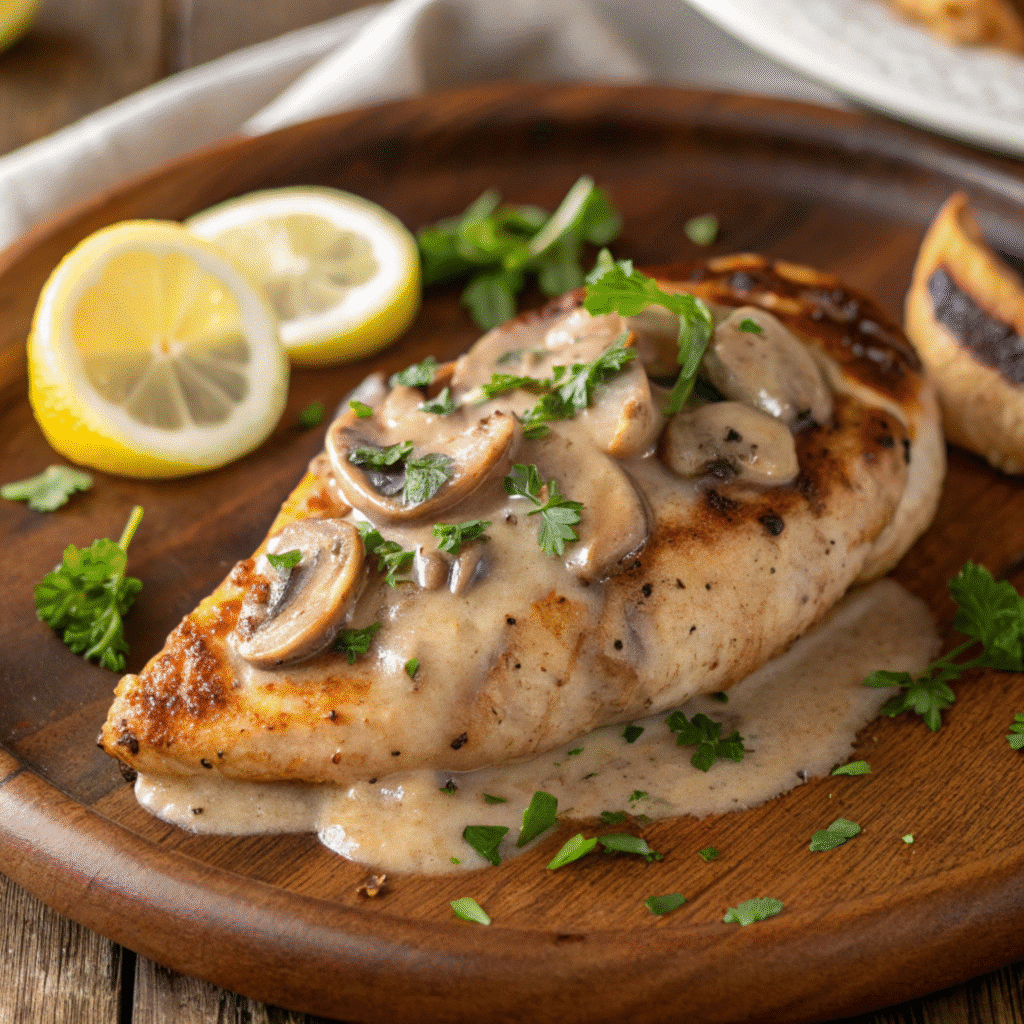Texas Roadhouse Portobello Mushroom Chicken with mushroom sauce and garnish