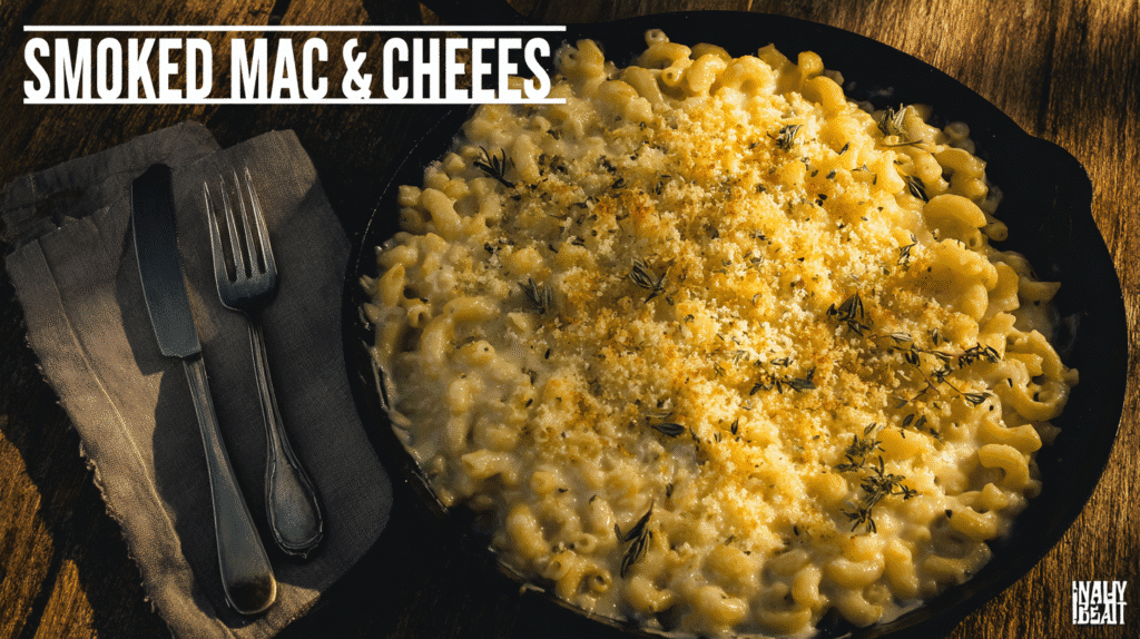 Creamy smoked mac and cheese in a cast iron skillet
