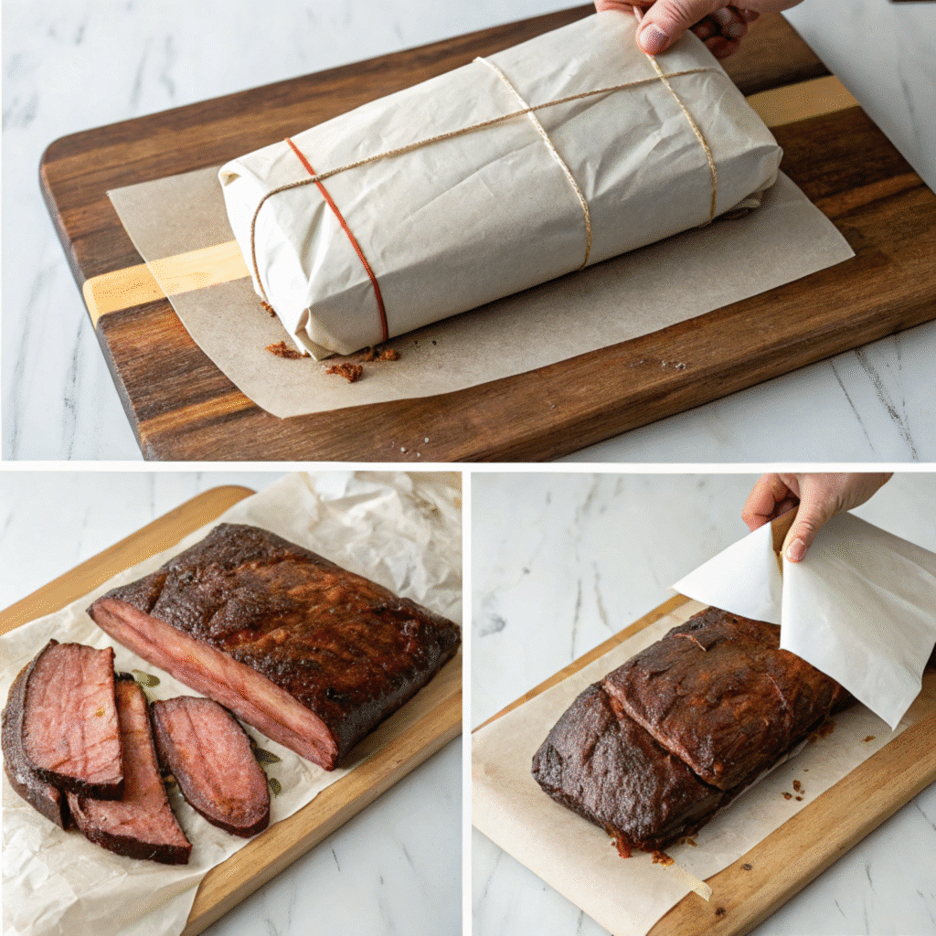 How to Smoke a 15-Pound Brisket 4 Wrapping a 15-pound brisket in butcher paper during the smoking process