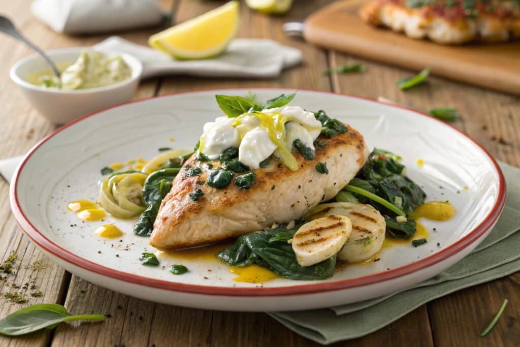 bonefish grill lily's chicken plated with goat cheese and lemon basil sauce.