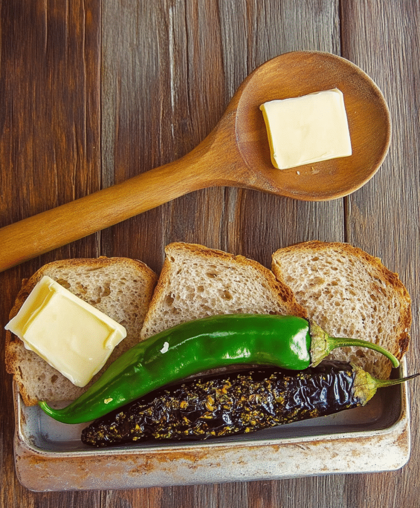 Torched Hatch Chile and Pimento Grilled Cheese: A Fiery Twist on the Classic Sandwich 5 ngredients for Torched Hatch Chile and Pimento Grilled Cheese, including Hatch chiles, pimento cheese, and sourdough bread