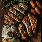 Grilled Teriyaki Chicken 4 Grilled Teriyaki Chicken with a glossy glaze, garnished with sesame seeds and served with rice and vegetables