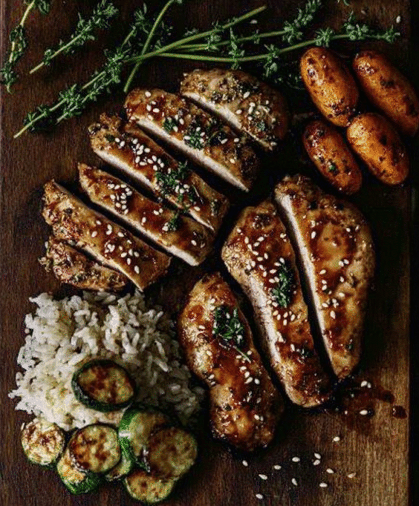 Grilled Teriyaki Chicken with a glossy glaze, garnished with sesame seeds and served with rice and vegetables