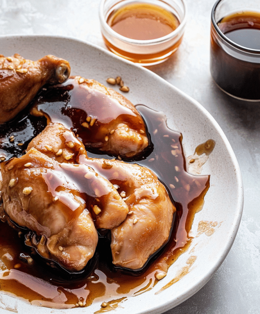 Grilled Teriyaki Chicken 5 Ingredients for Grilled Teriyaki Chicken: chicken thighs, soy sauce, honey, garlic, ginger, sesame oil, rice vinegar, orange juice.