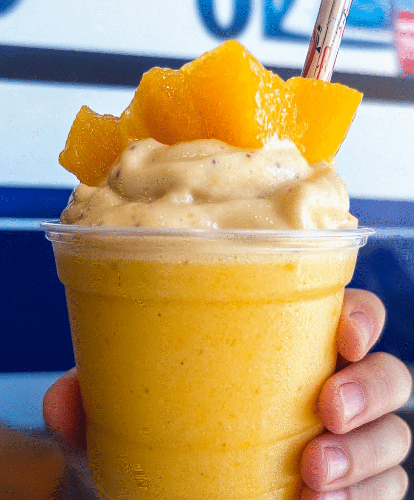 Fruit smoothie with orange juice topped with orange slices and berries.