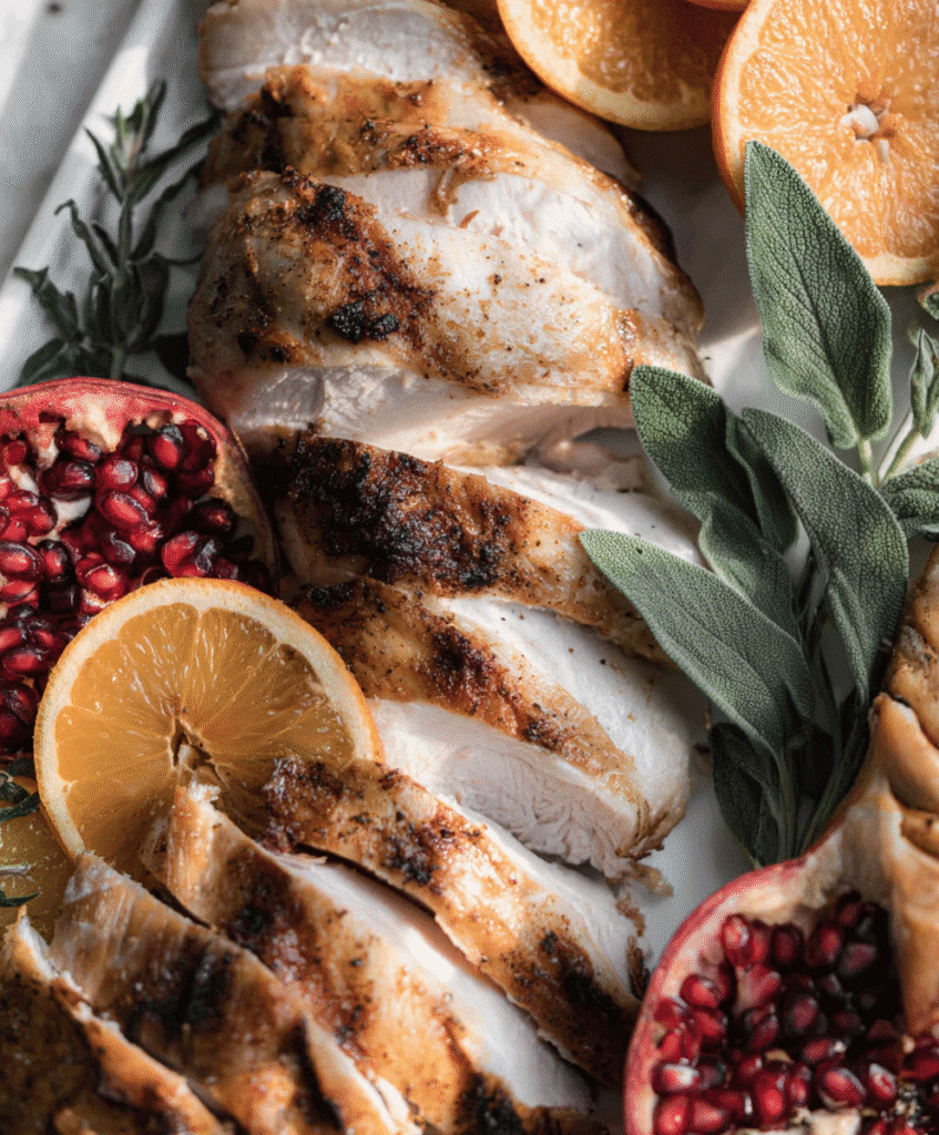 Smoked turkey breast with herbs on a wooden board
