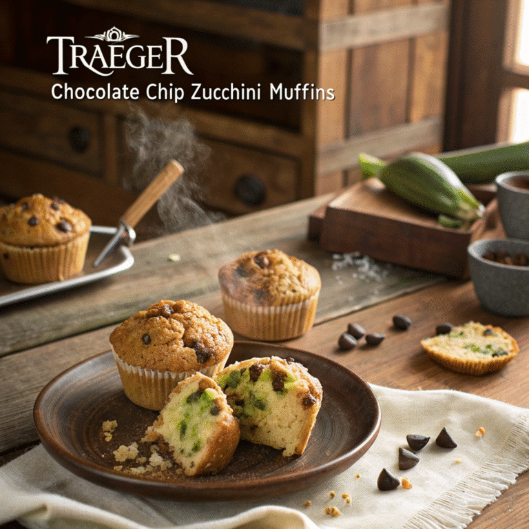Traeger Chocolate Chip Zucchini Muffins Recipe 4 Traeger Chocolate Chip Zucchini Muffins on a rustic wooden table