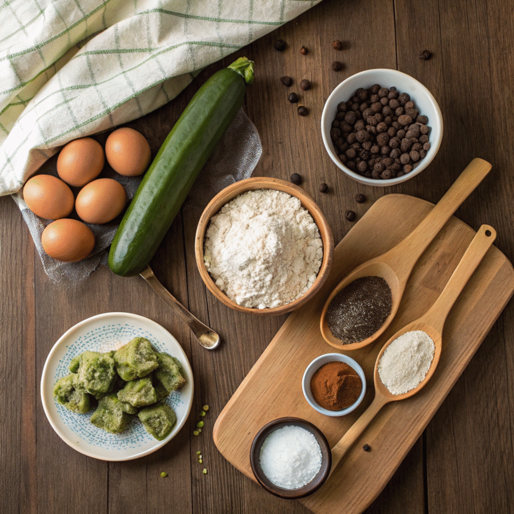 Traeger Chocolate Chip Zucchini Muffins Recipe 5 Ingredients for Traeger Chocolate Chip Zucchini Muffins on a rustic table