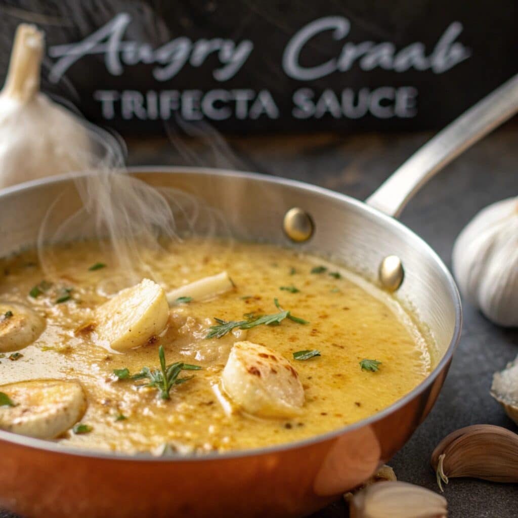 Angry Crab Trifecta Sauce Recipe 3 Melted butter and garlic in a saucepan for Angry Crab Trifecta Sauce Recipe