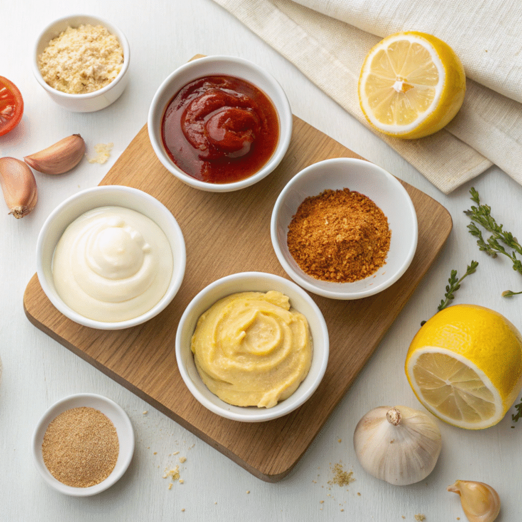 BK Royal Sauce Recipe 2 Ingredients for BK Royal Sauce including mayo, mustard, and ketchup