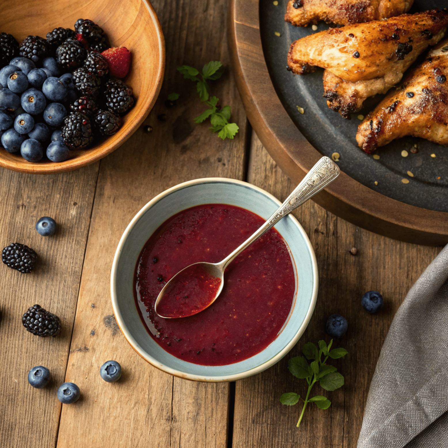 Wojapi BBQ Sauce Recipe 1 Wojapi BBQ sauce recipe served with grilled chicken and berries