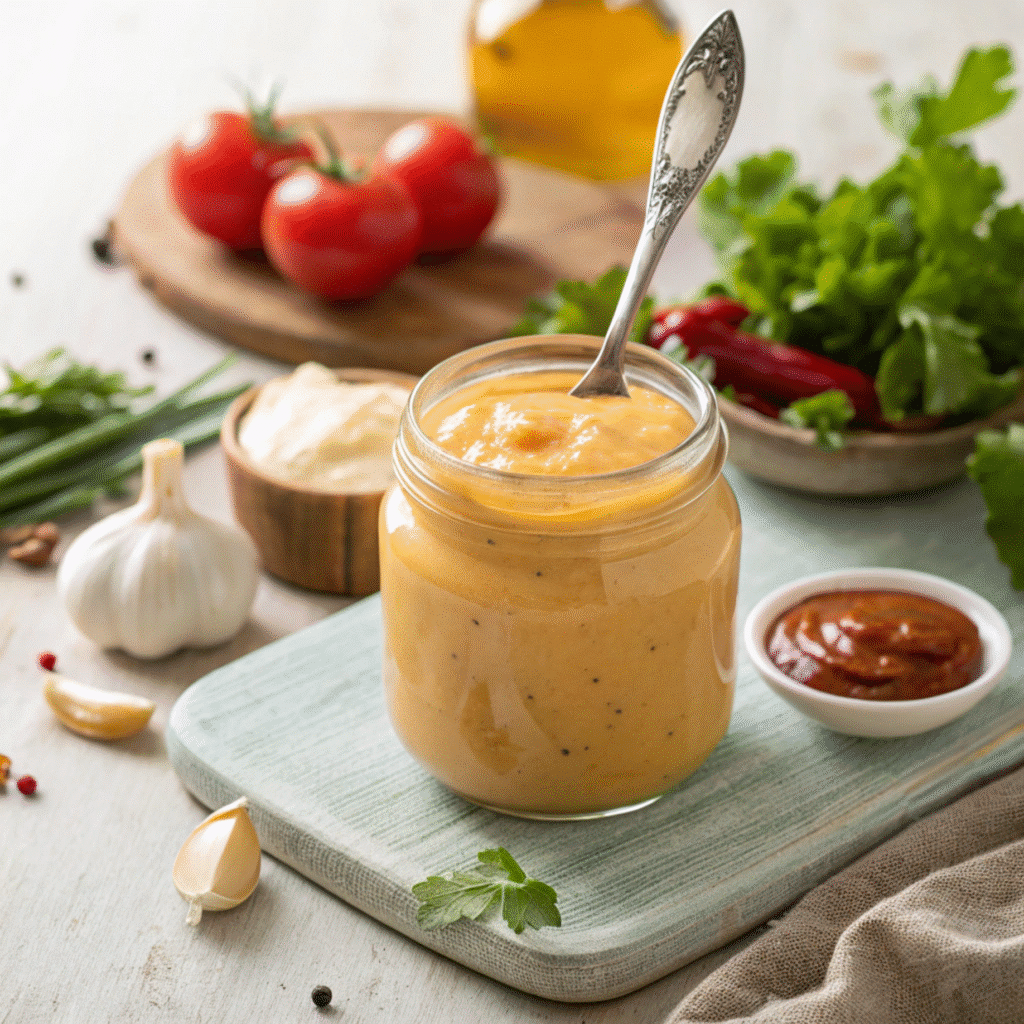 BK Royal Sauce recipe in a jar with fresh ingredients