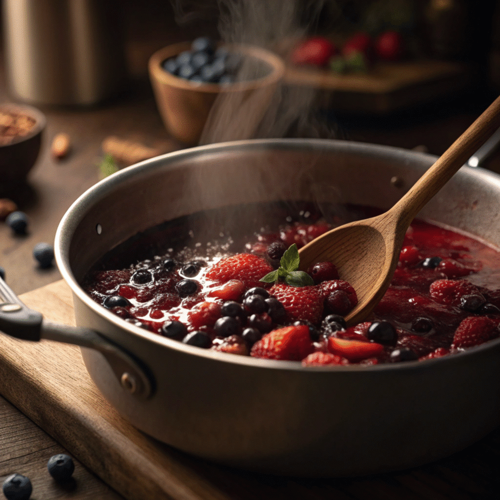Wojapi BBQ Sauce Recipe 3 Simmering berries for wojapi BBQ sauce recipe in a saucepan