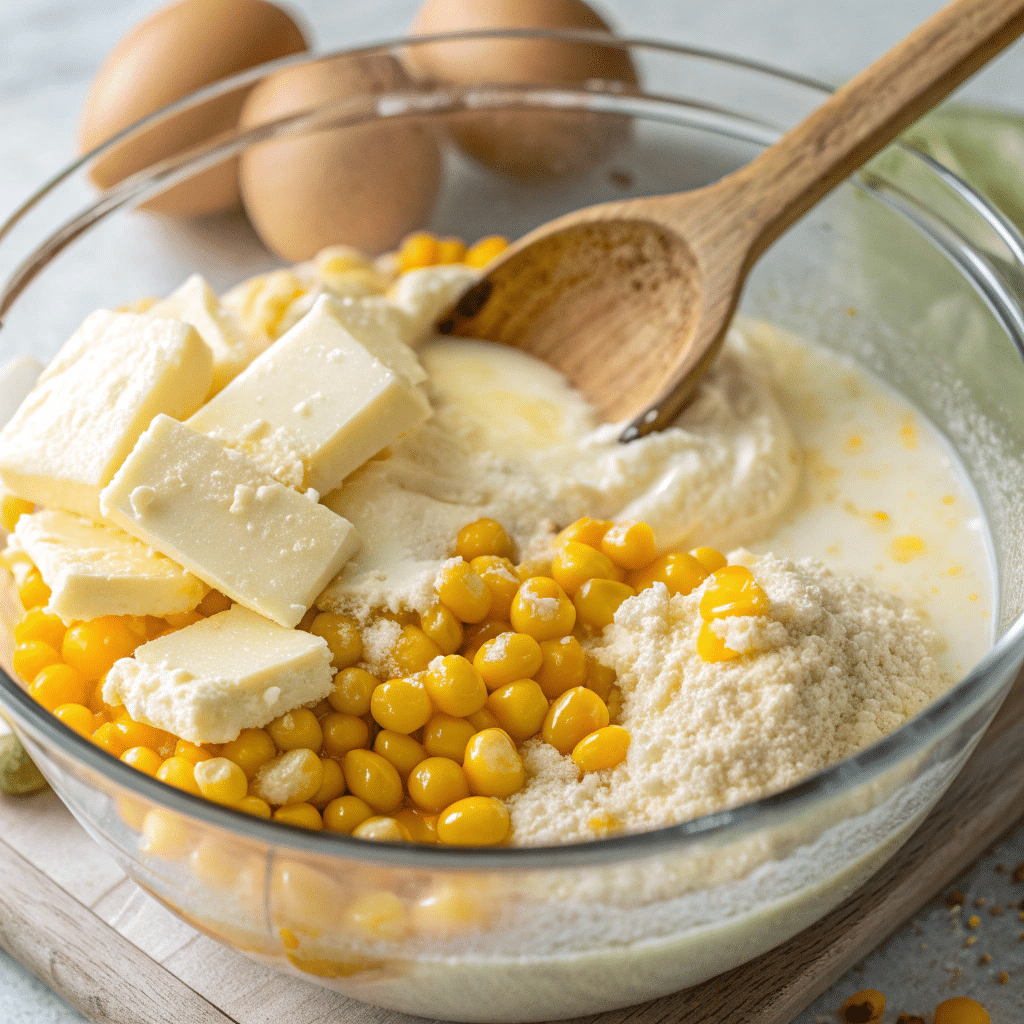 Golden Corral Sweet Corn Pudding 3 Mixing corn and creamy base for Golden Corral sweet corn pudding
