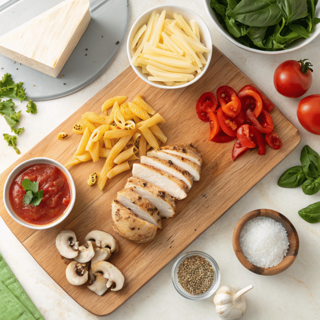 Domino's pasta primavera recipe fresh ingredients flat lay